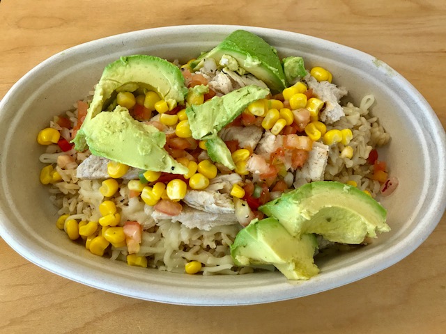 gluten free rice bowl with chicken and avocado
