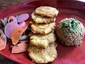 Roasted Pumpkin Seed Dip with Fried Plantains and Pickled Radish at Points South Latin Kitchen